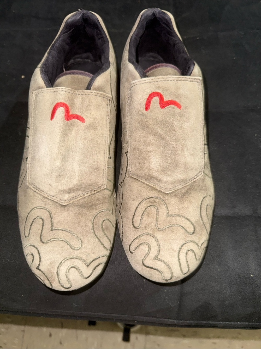 Men's evisu gray Suede Slip-On Shoes with Red Accent